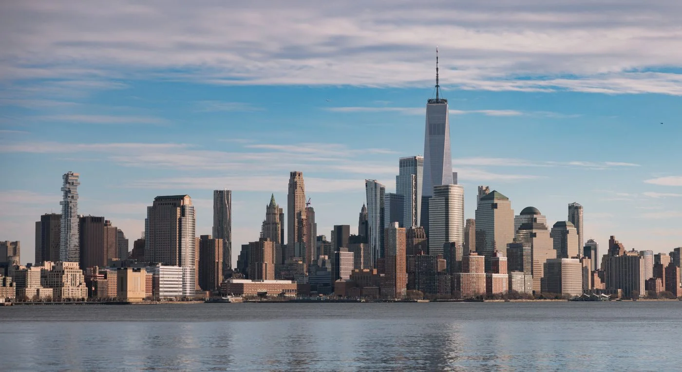 Lower Manhattan skyline in New York City, with One World Trade Center above the waterfront