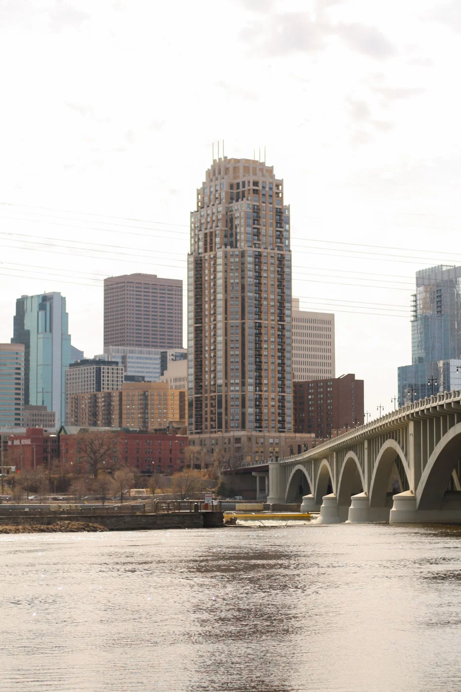 Minneapolis skyline and a bridge over the Mississippi River