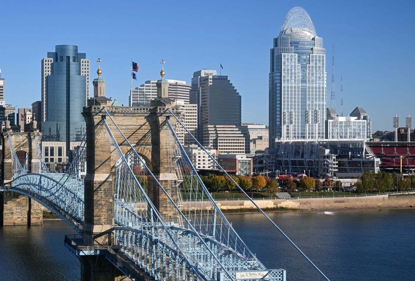Cincinnati skyline behind the Roebling Suspension Bridge