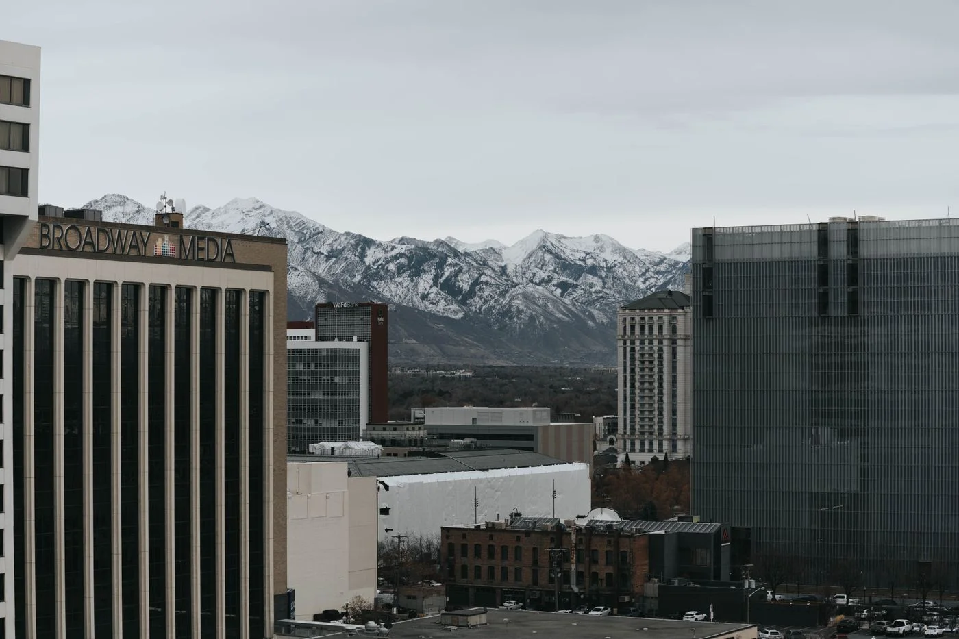 Salt Lake City skyline with snow-capped mountains