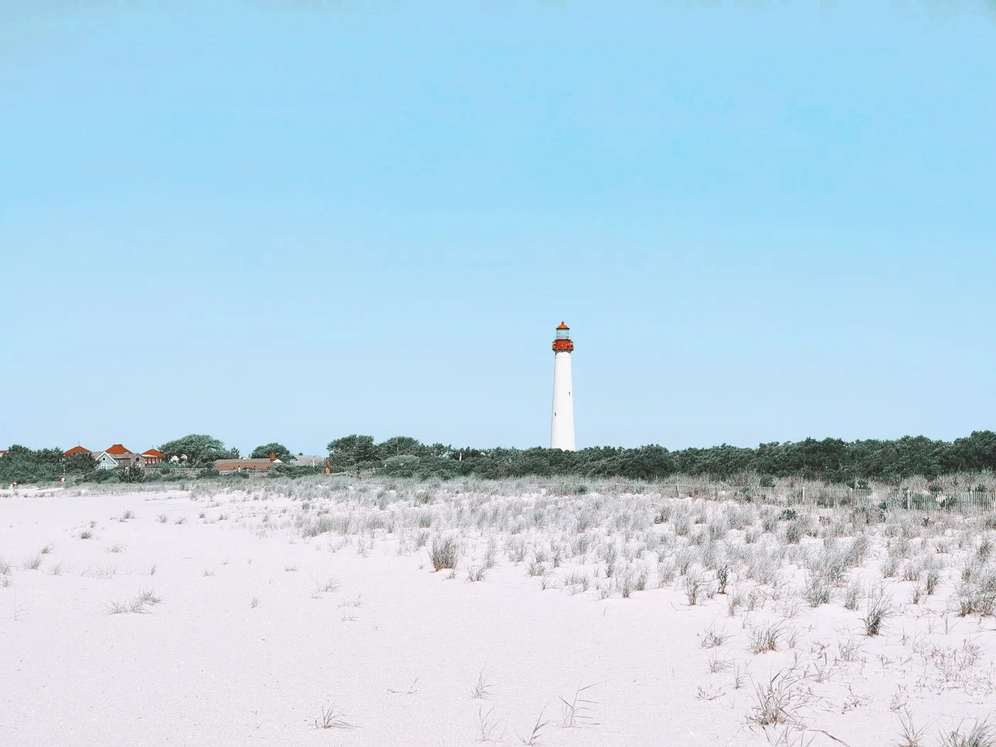 Cape May Lighthouse against a blue sky