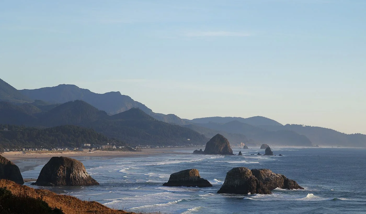 Haystack Rock and the coastline at Cannon Beach