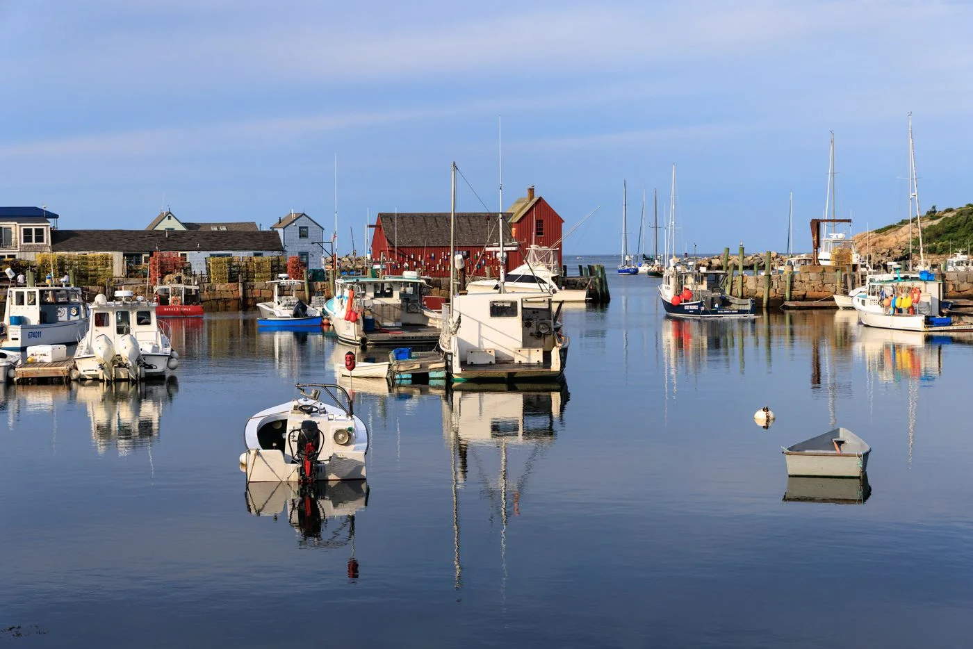 Fishing boats moored in Rockport Harbor Massachusetts